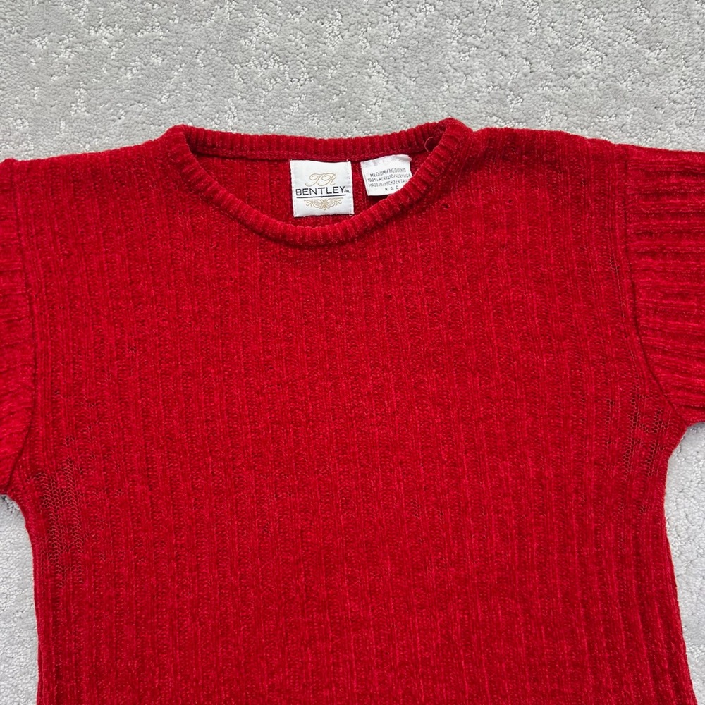 TR Bentley Sweater Womens Medium Red Ribbed Chenille Knit Short Sleeve Acrylic